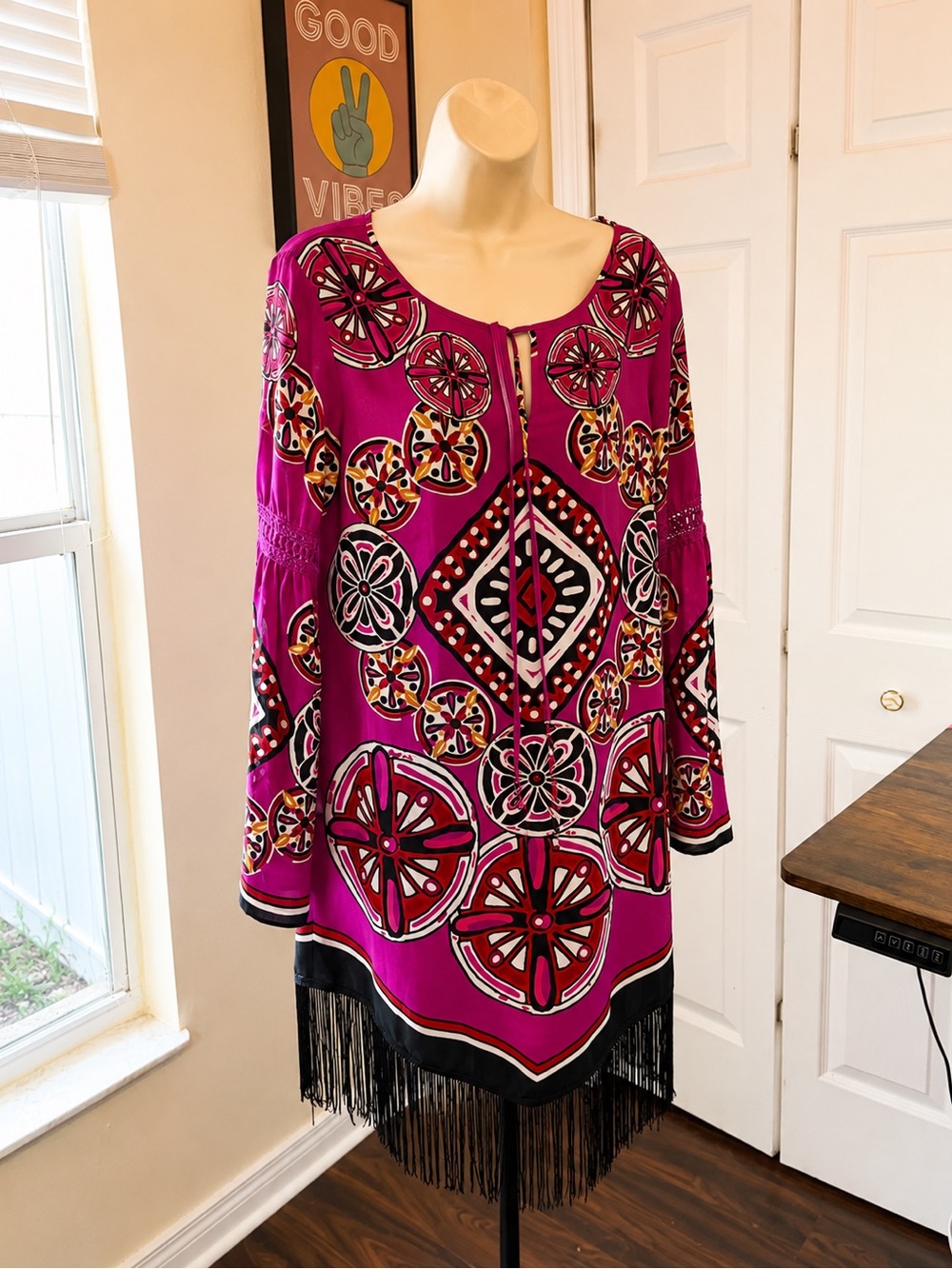 Chelsea & Violet Fuchsia Geometric Boho Fringe Tunic - Picture 3 of 9